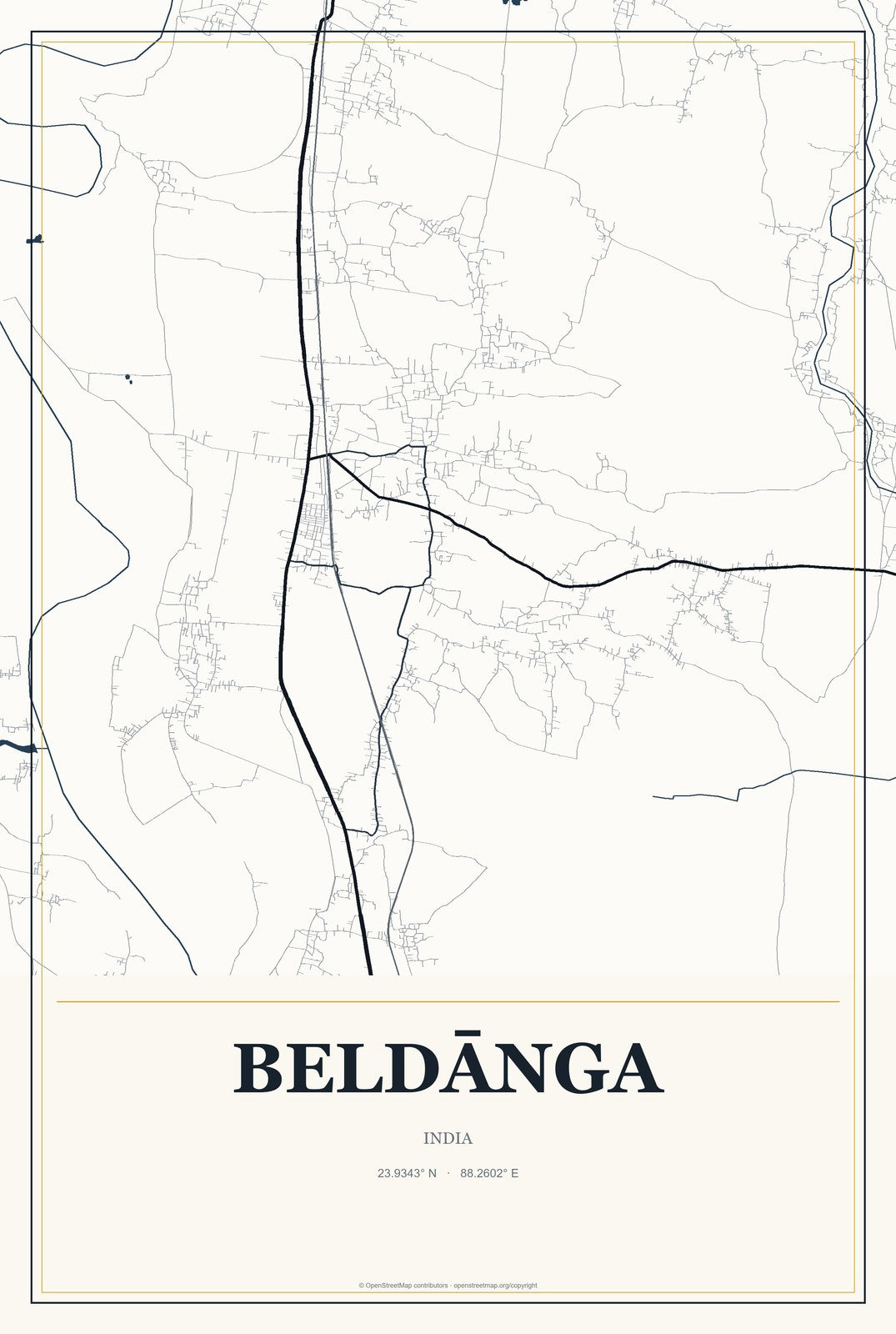 Beldānga, India City Map Aluminum Sign in Citrine Modern style