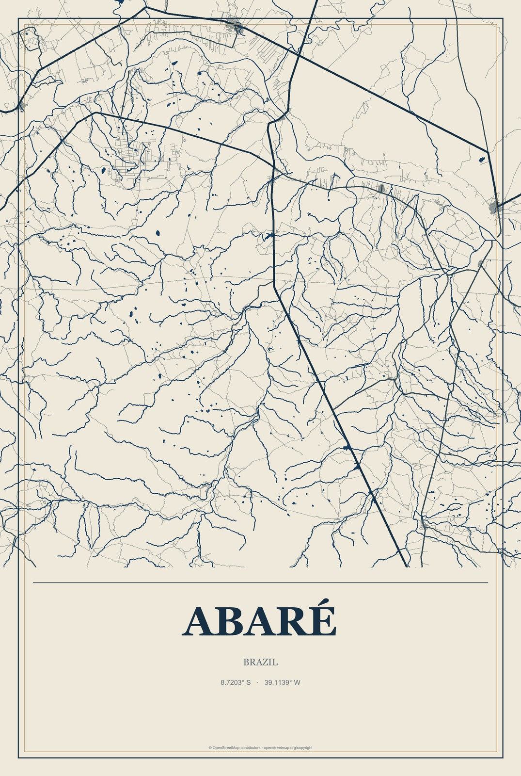 Abaré, Brazil City Map Aluminum Sign in Coastal Cutout style