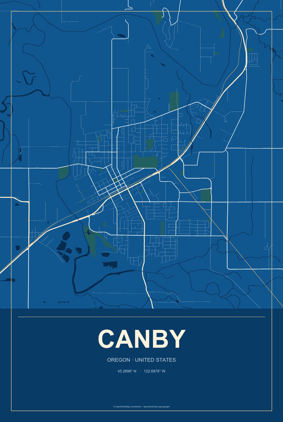 Canby, Oregon City Map Aluminum Sign in Harbor Cobalt style