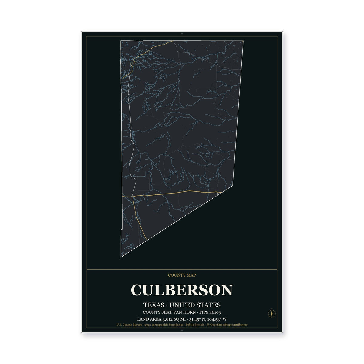 Culberson County, Texas Map Aluminum Sign in Metropolitan Noir style