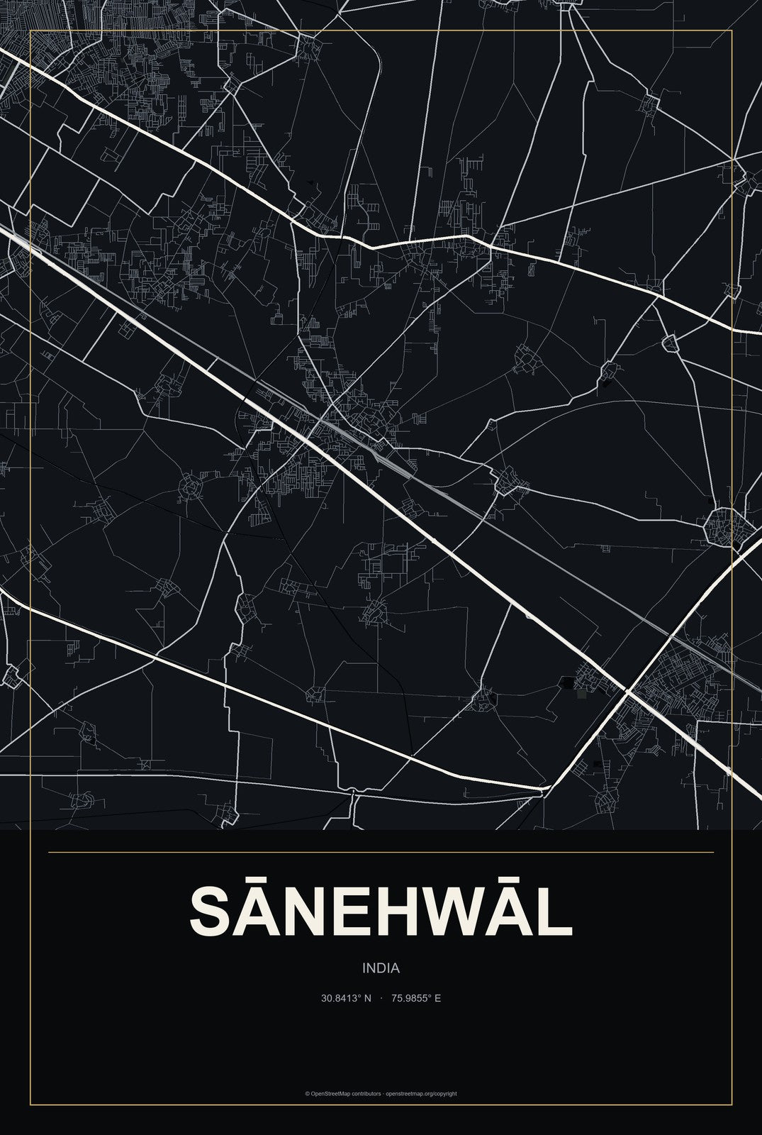 Sānehwāl, India City Map Aluminum Sign in Metropolitan Noir style