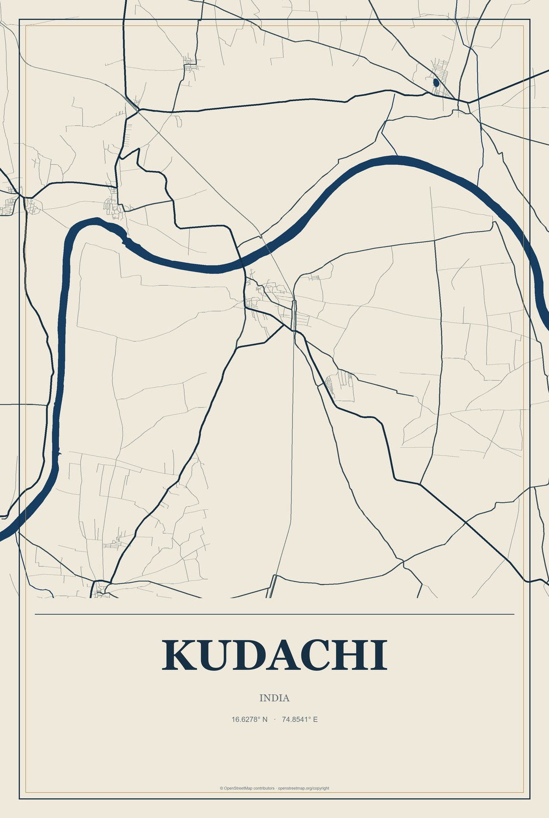 Kudachi, India City Map Aluminum Sign in Coastal Cutout style