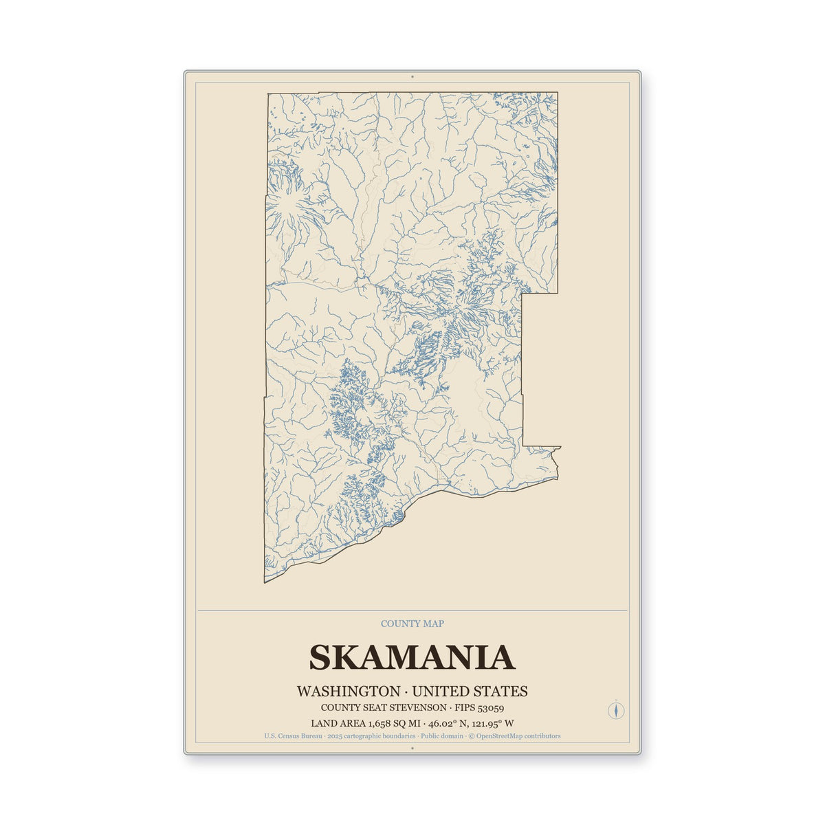 Skamania County, Washington Map Aluminum Sign in Heritage Nautical style