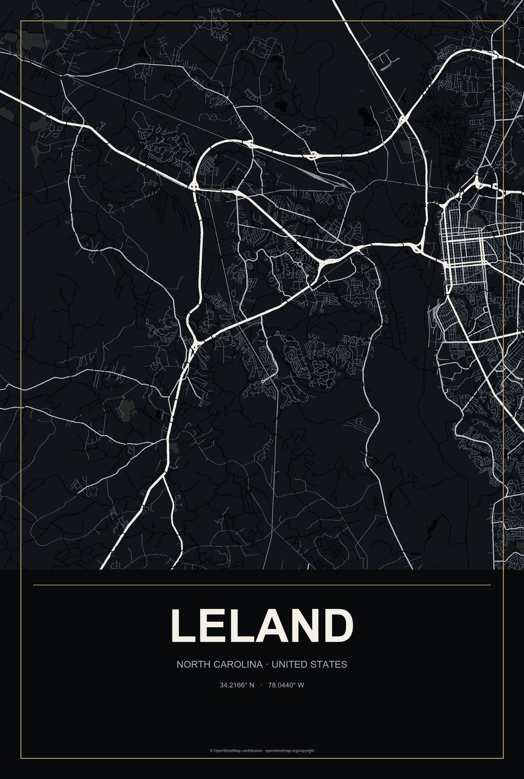 Leland, North Carolina City Map Aluminum Sign in Metropolitan Noir style