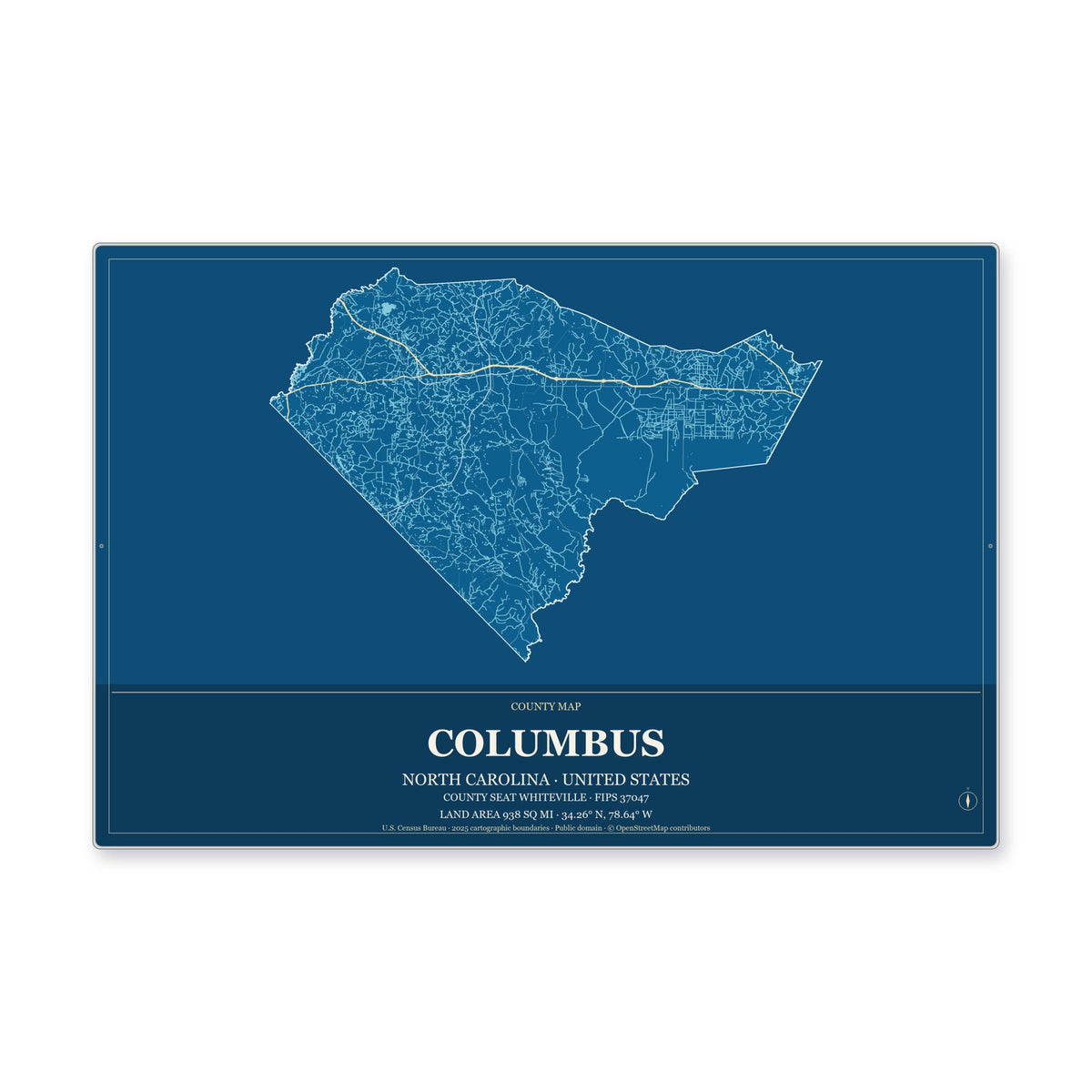 Columbus County, North Carolina Map Aluminum Sign in Harbor Cobalt style
