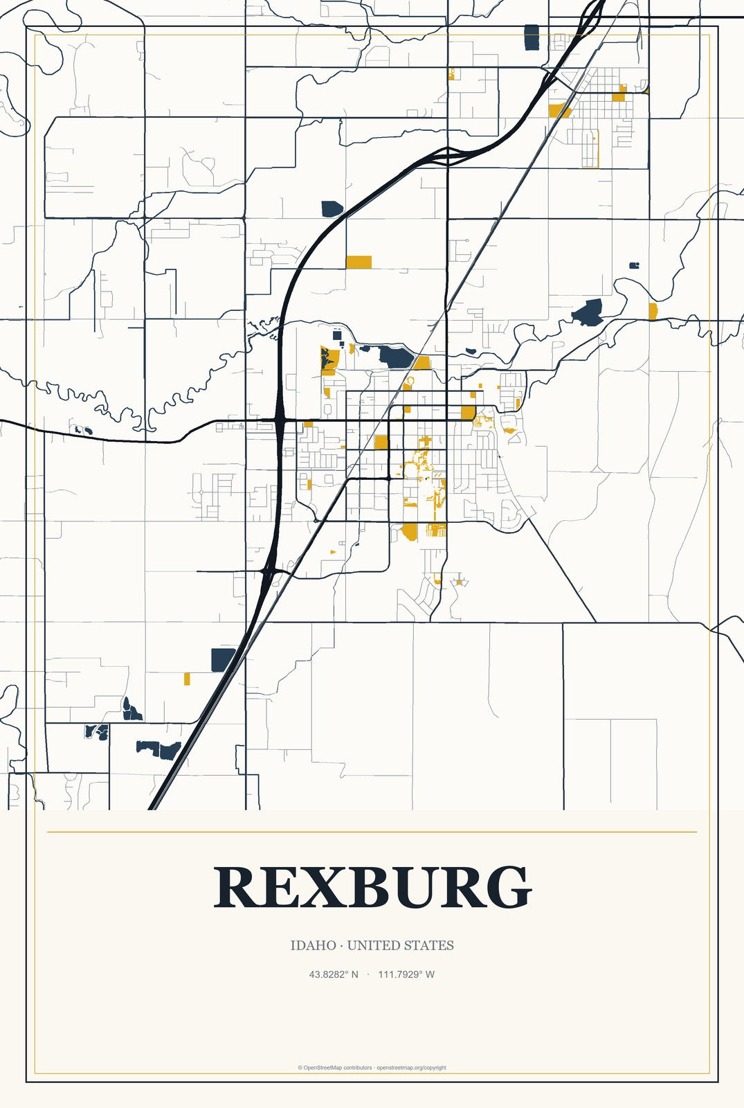 Rexburg, Idaho City Map Aluminum Sign in Citrine Modern style