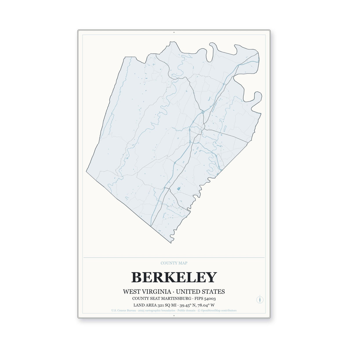 Berkeley County, West Virginia Map Aluminum Sign in Gallery Air style