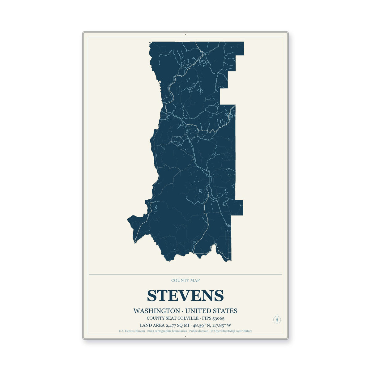 Stevens County, Washington Map Aluminum Sign in Coastal Cutout style