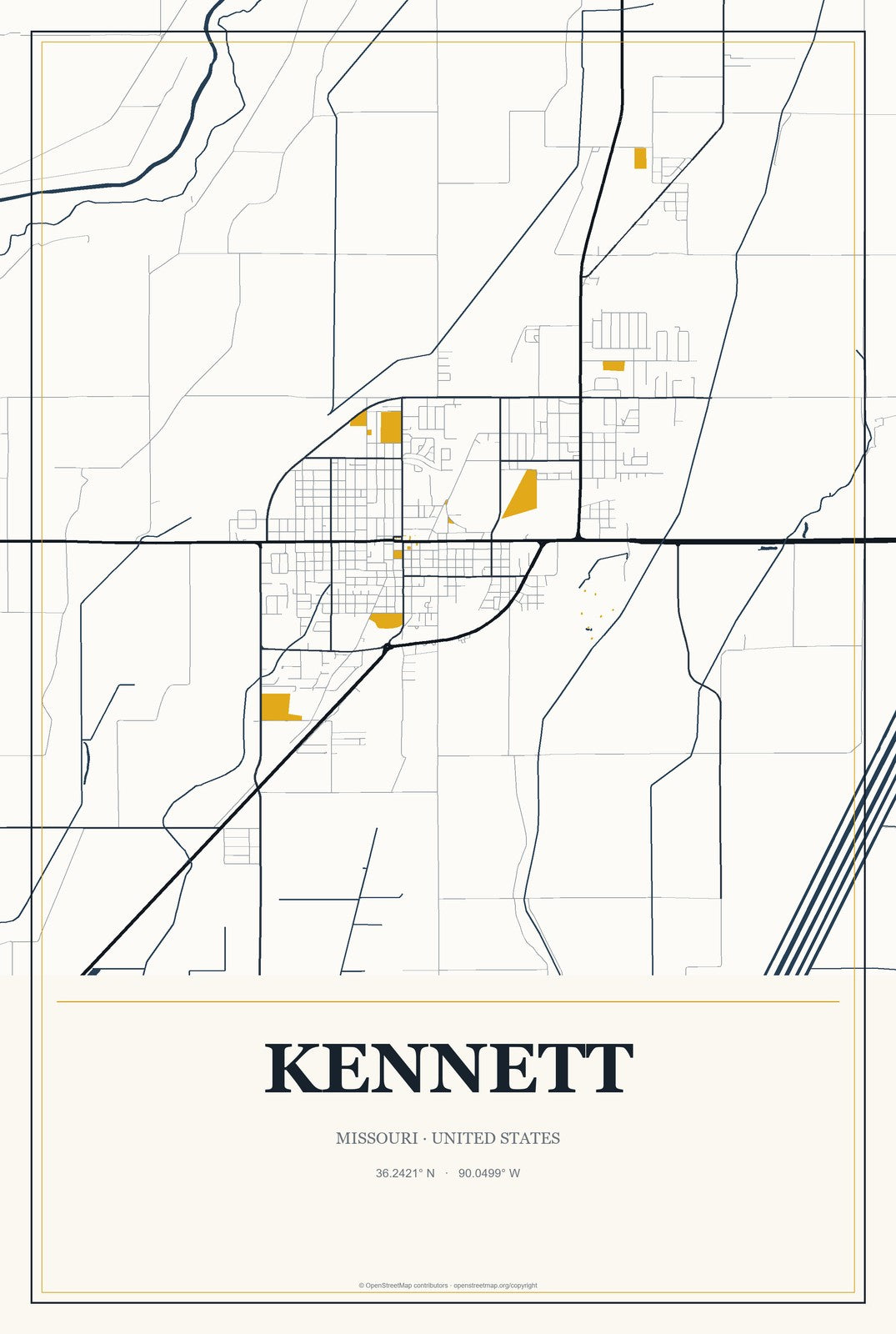 Kennett, Missouri City Map Aluminum Sign in Citrine Modern style