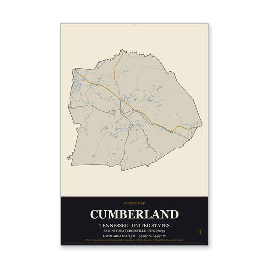 Cumberland County, Tennessee Map Aluminum Sign in Museum Plaque style