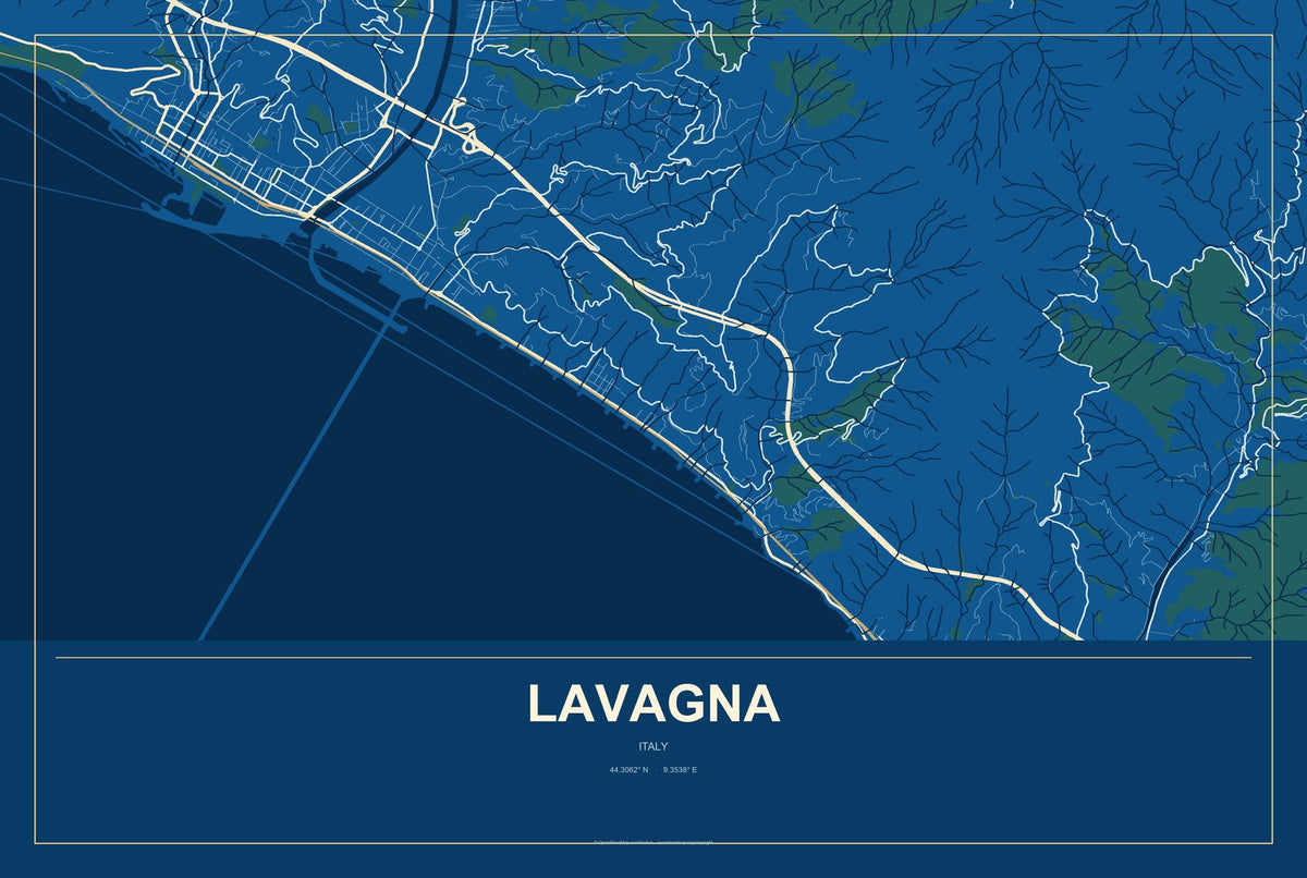 Lavagna, Italy City Map Aluminum Sign in Harbor Cobalt style