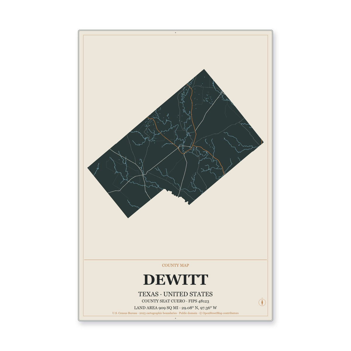 DeWitt County, Texas Map Aluminum Sign in Headline Atlas style