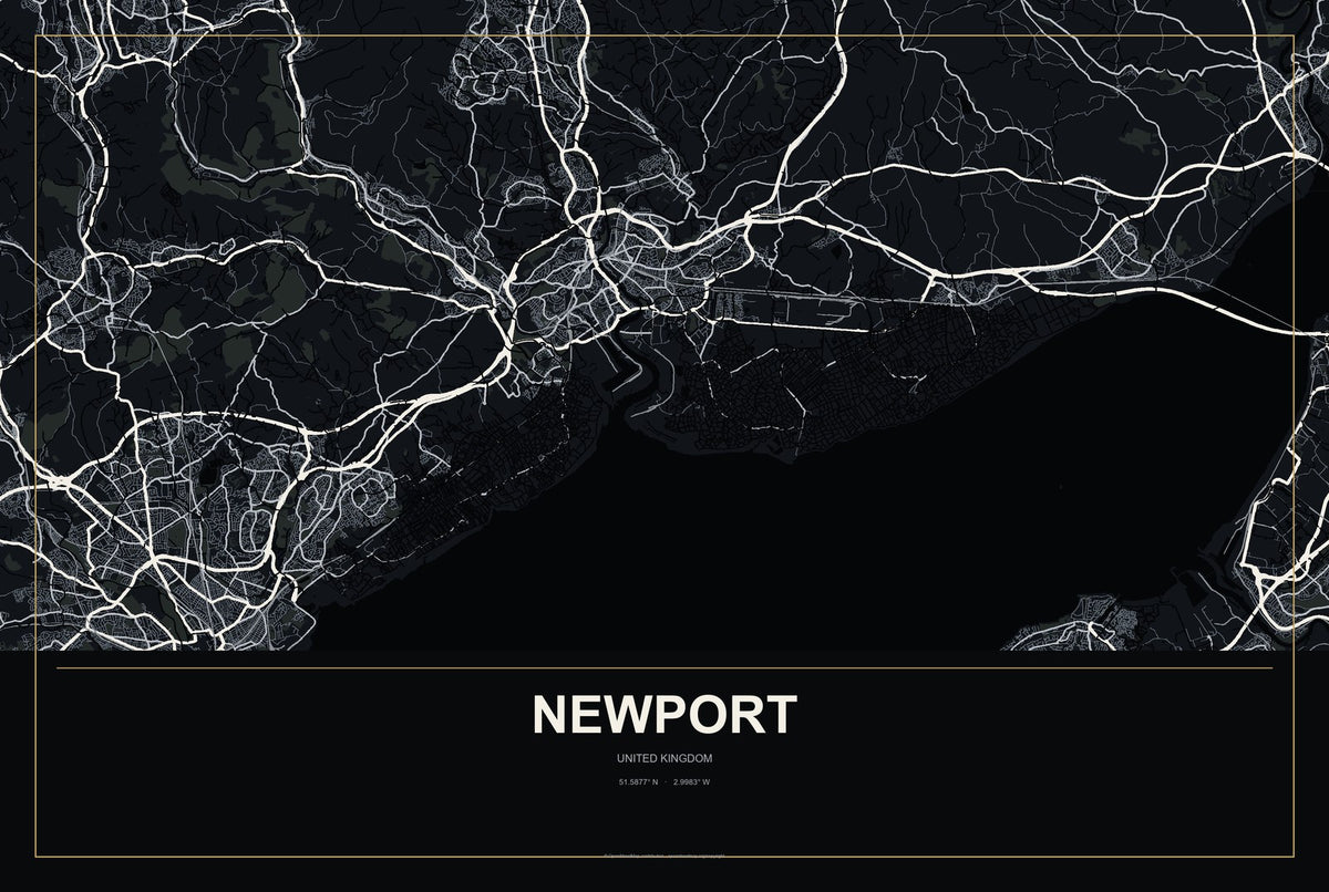 Newport, England, United Kingdom City Map Aluminum Sign in Metropolitan Noir style