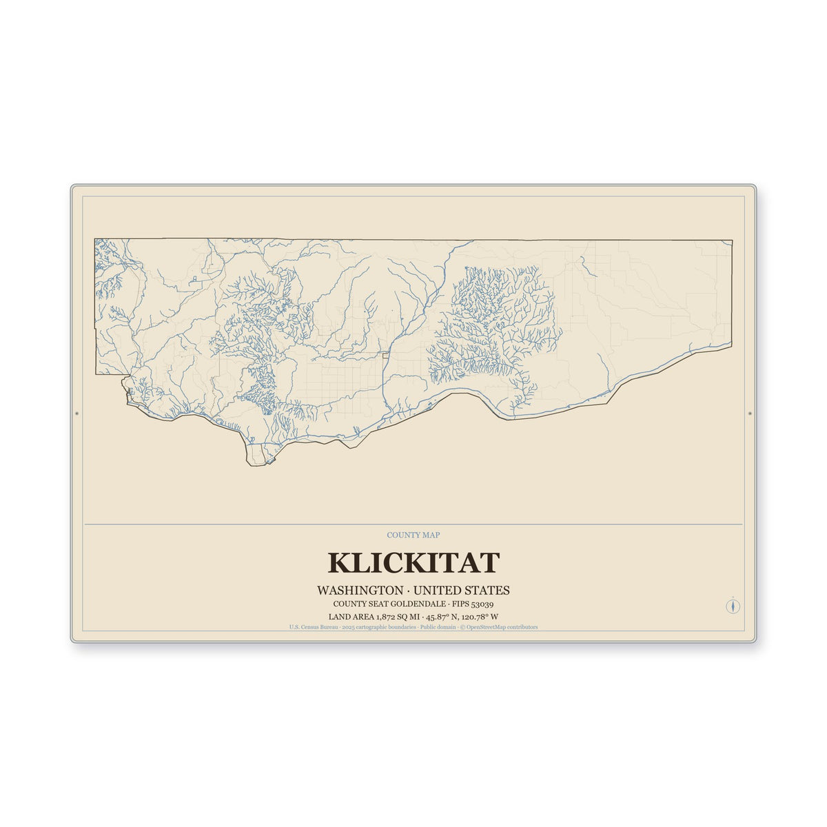 Klickitat County, Washington Map Aluminum Sign in Heritage Nautical style