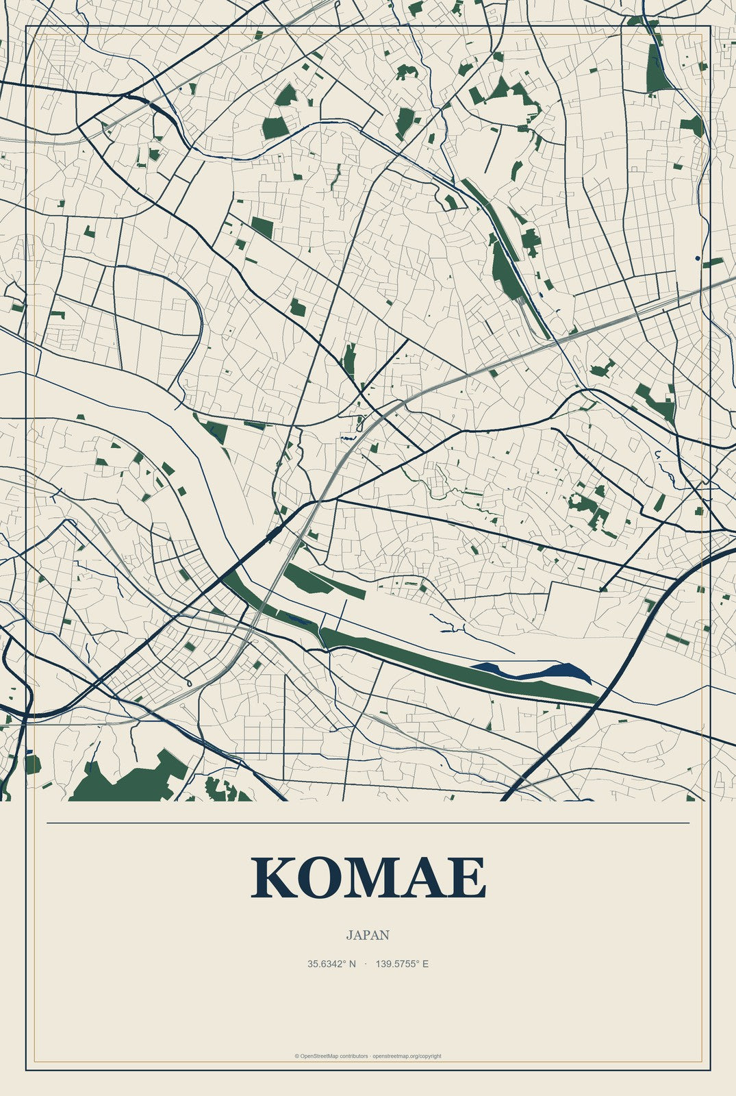 Komae, Japan City Map Aluminum Sign in Coastal Cutout style