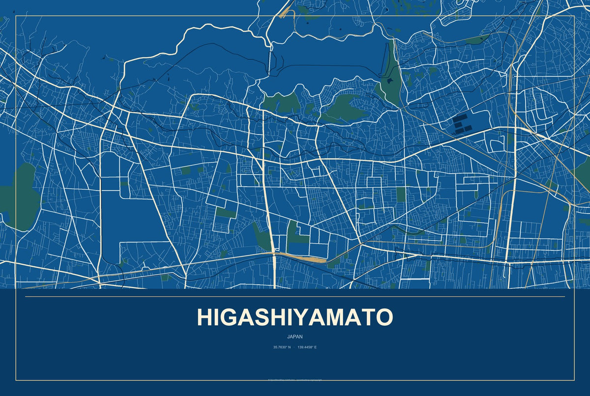 Higashiyamato, Japan City Map Aluminum Sign in Harbor Cobalt style