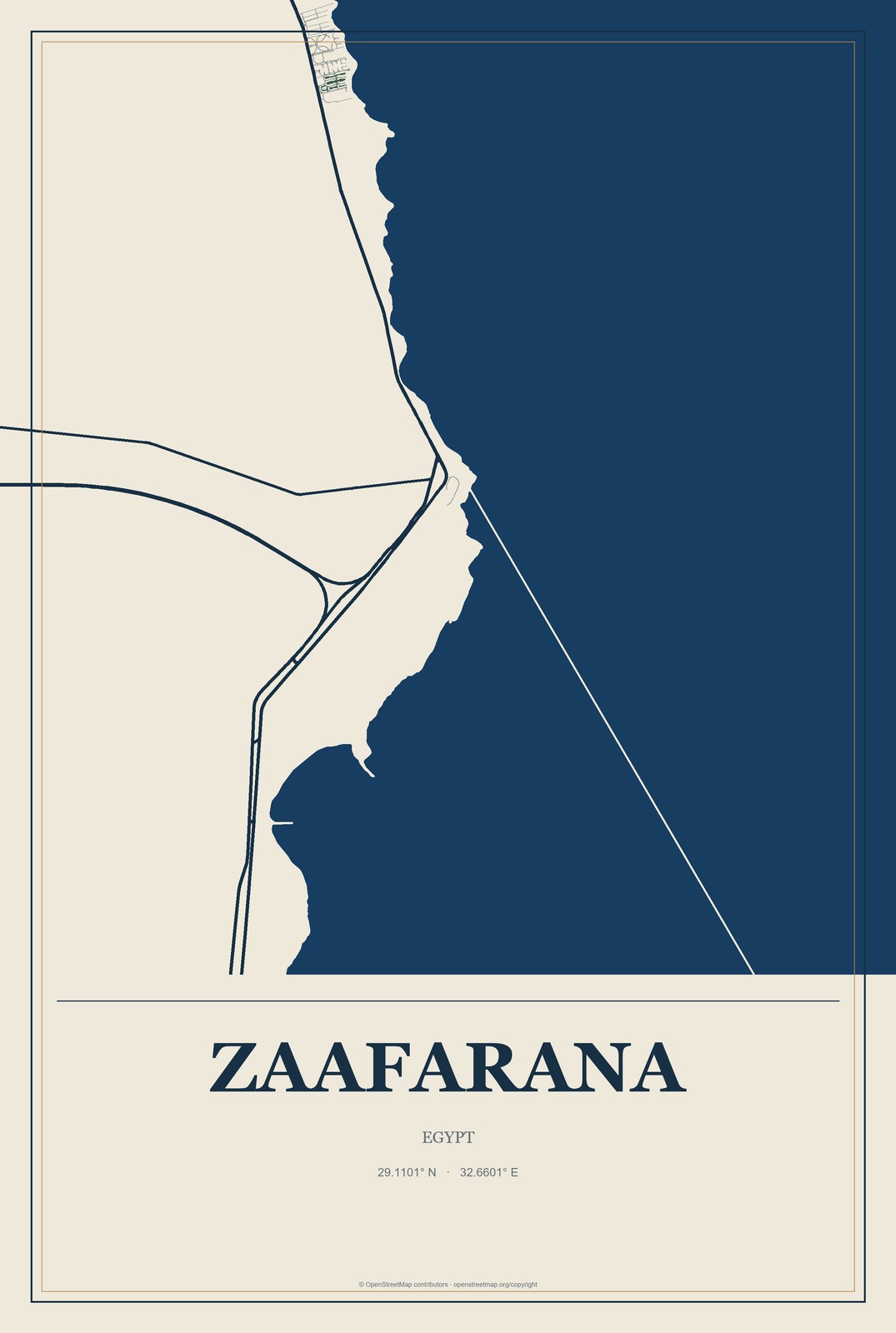 Zaafarana, Egypt City Map Aluminum Sign in Coastal Cutout style