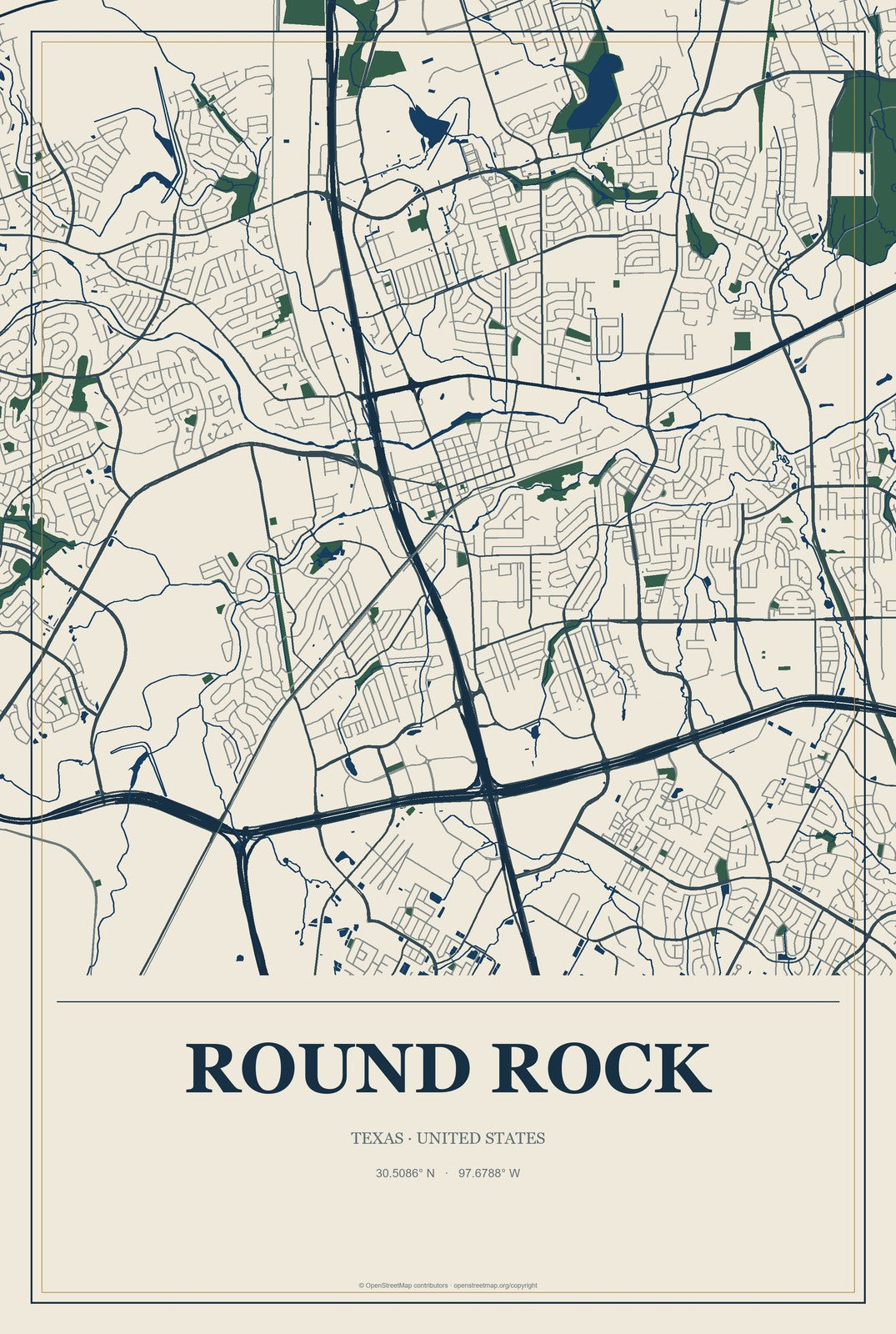 Round Rock, Texas City Map Aluminum Sign in Coastal Cutout style