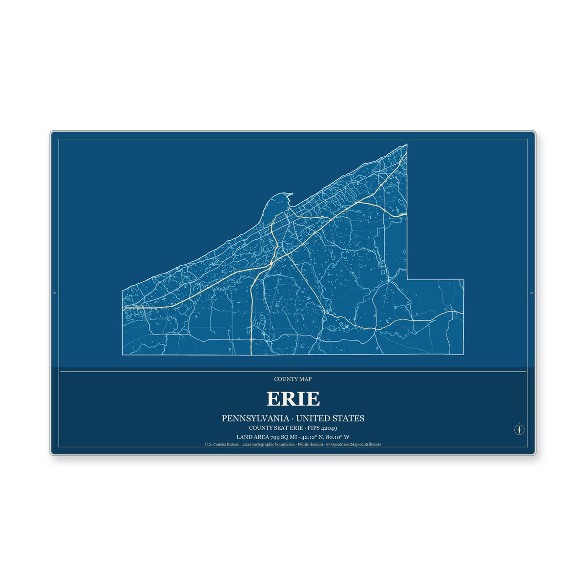 Erie County, Pennsylvania Map Aluminum Sign in Harbor Cobalt style