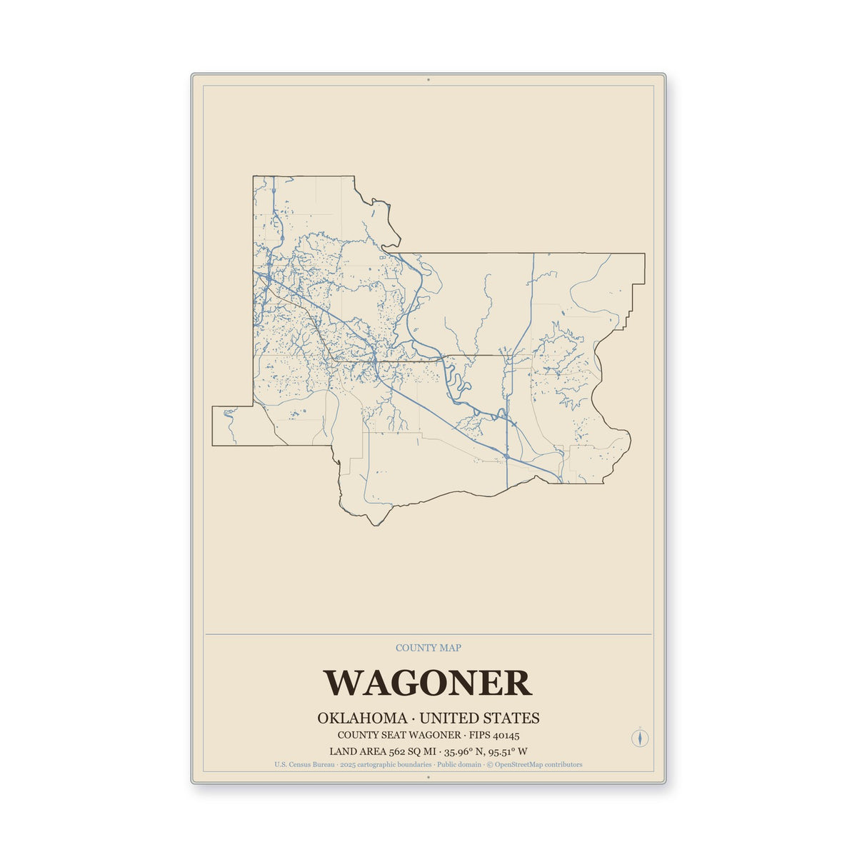Wagoner County, Oklahoma Map Aluminum Sign in Heritage Nautical style