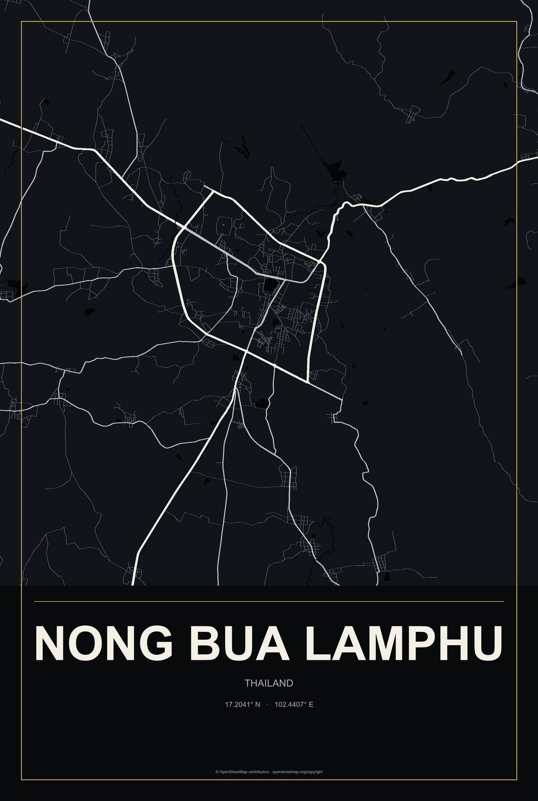 Nong Bua Lamphu, Thailand City Map Aluminum Sign in Metropolitan Noir style