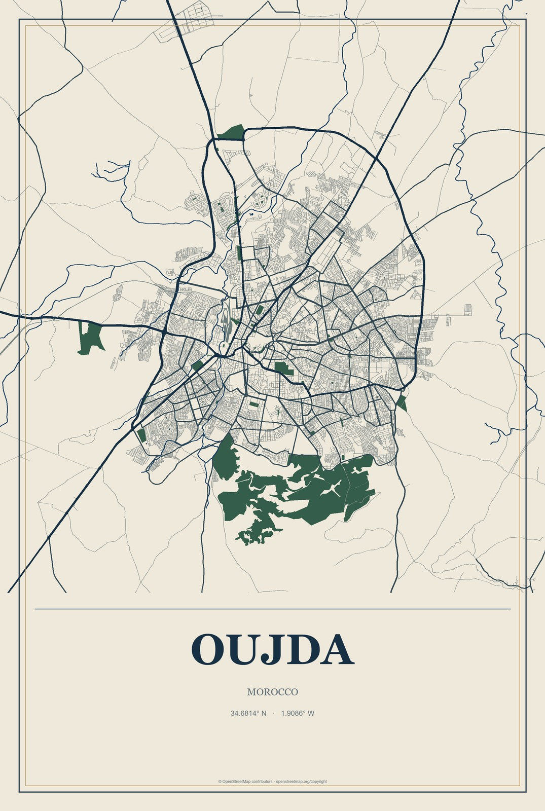 Oujda, Morocco City Map Aluminum Sign in Coastal Cutout style