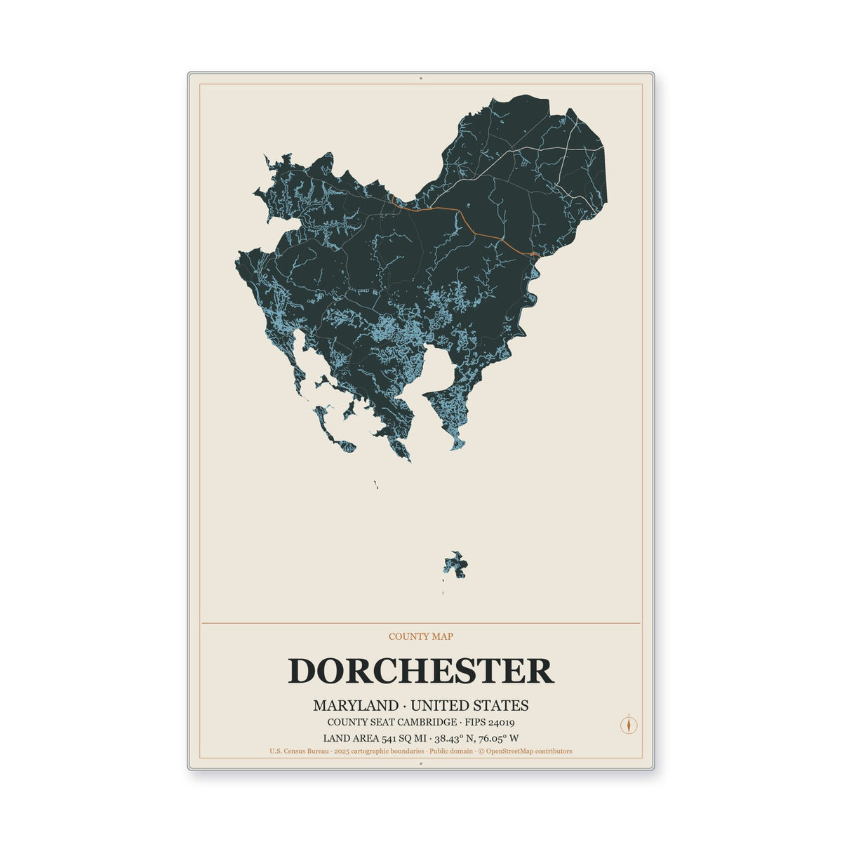 Dorchester County, Maryland Map Aluminum Sign in Headline Atlas style