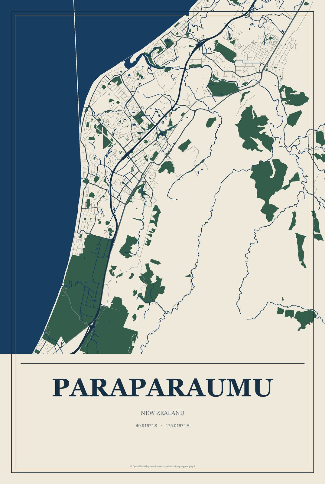 Paraparaumu, New Zealand City Map Aluminum Sign in Coastal Cutout style