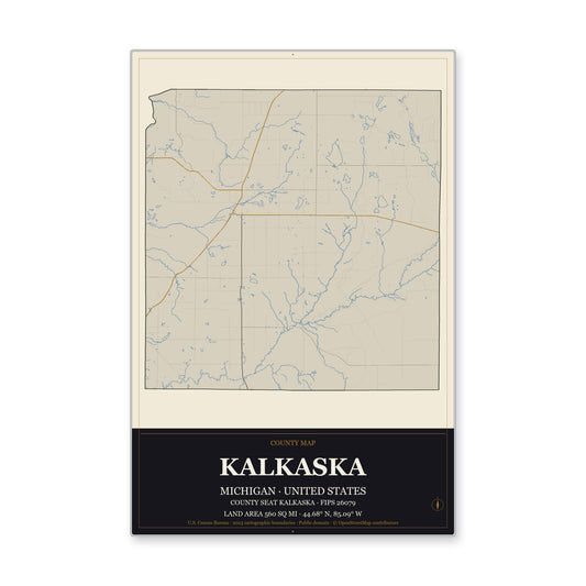Kalkaska County, Michigan Map Aluminum Sign in Museum Plaque style