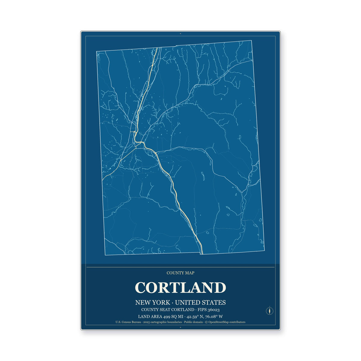 Cortland County, New York Map Aluminum Sign in Harbor Cobalt style