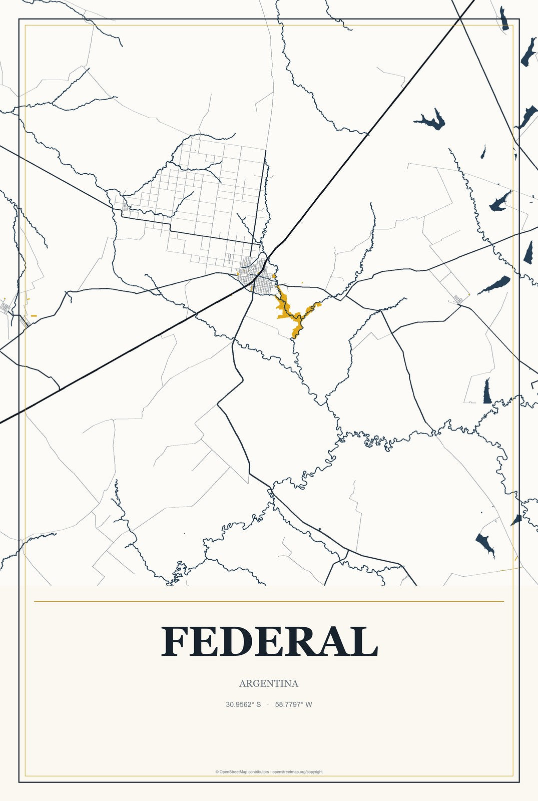 Federal, Argentina City Map Aluminum Sign in Citrine Modern style