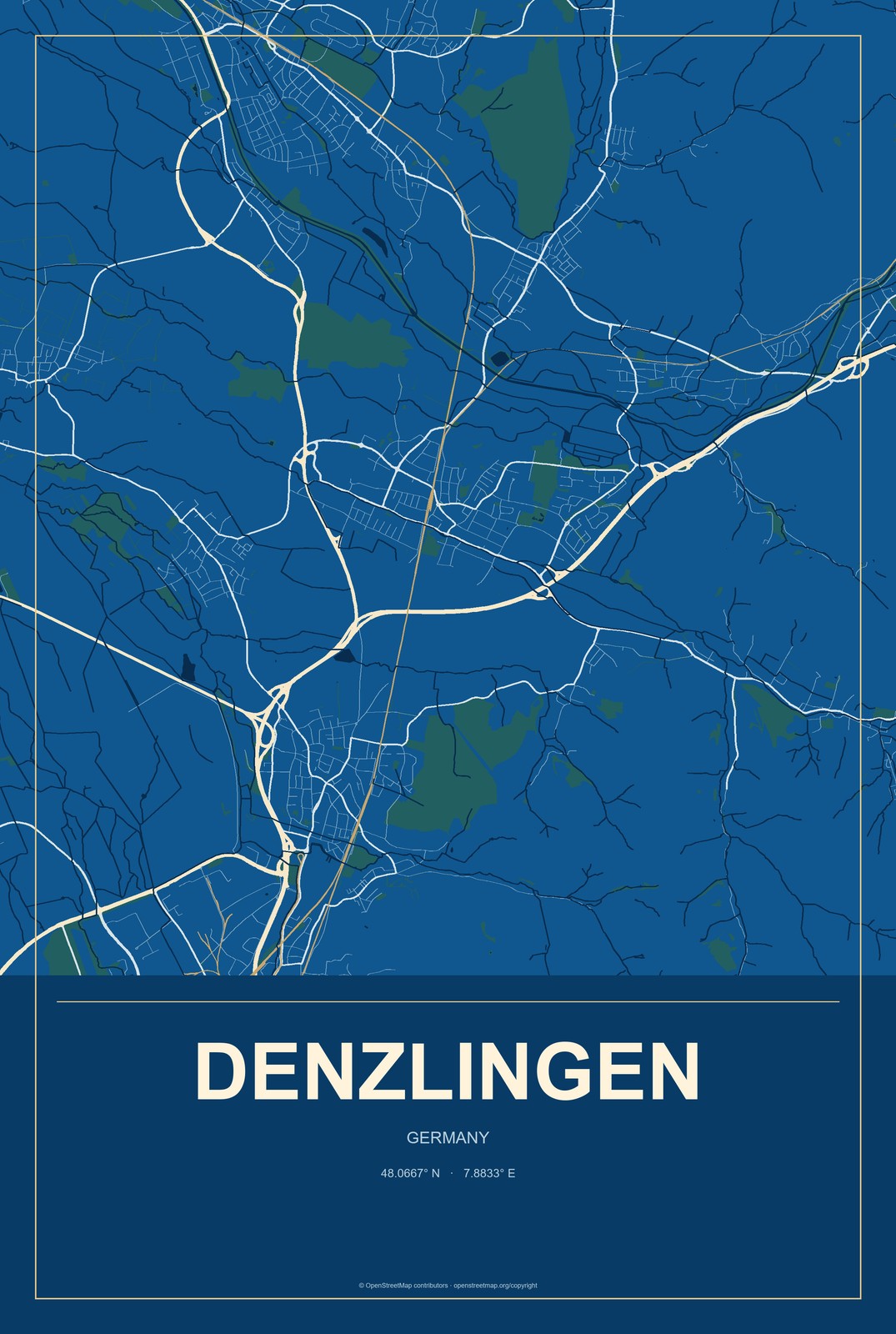 Denzlingen, Germany City Map Aluminum Sign in Harbor Cobalt style
