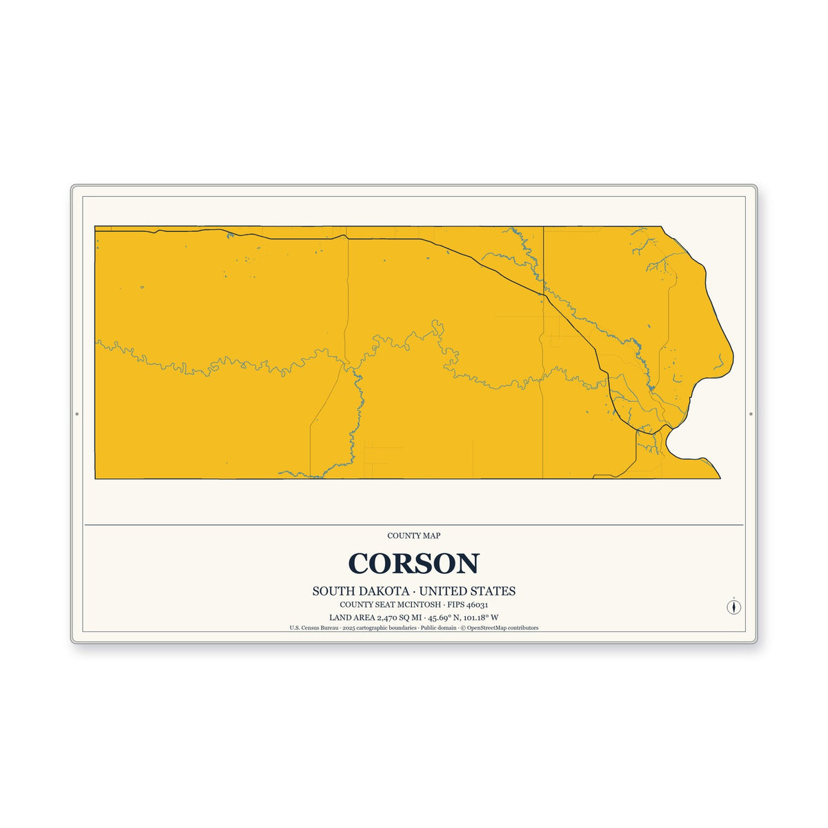 Corson County, South Dakota Map Aluminum Sign in Citrine Modern style