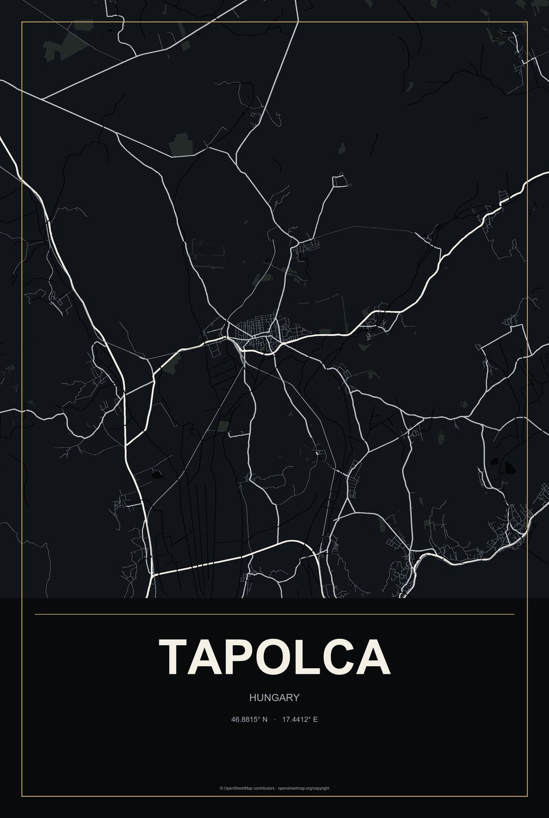 Tapolca, Hungary City Map Aluminum Sign in Metropolitan Noir style