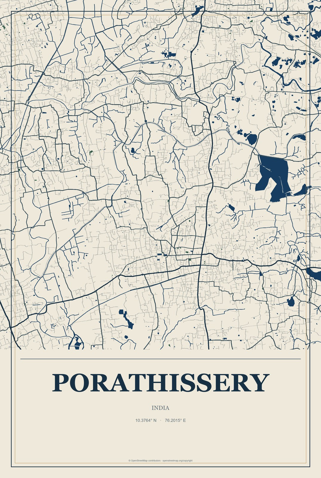 Porathissery, India City Map Aluminum Sign in Coastal Cutout style