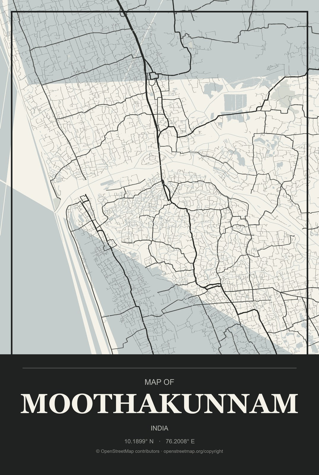 Moothakunnam, India City Map Aluminum Sign in Museum Plaque style