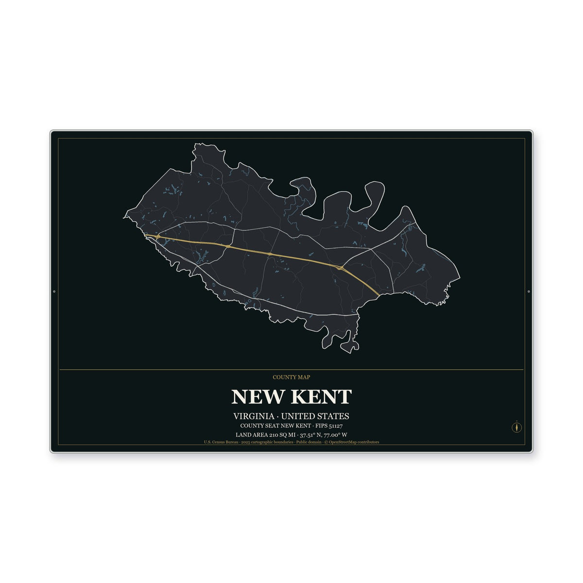 New Kent County, Virginia Map Aluminum Sign in Metropolitan Noir style