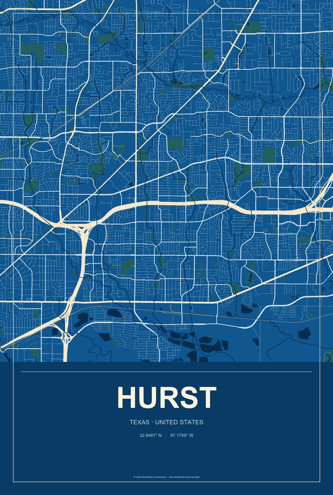 Hurst, Texas City Map Aluminum Sign in Harbor Cobalt style