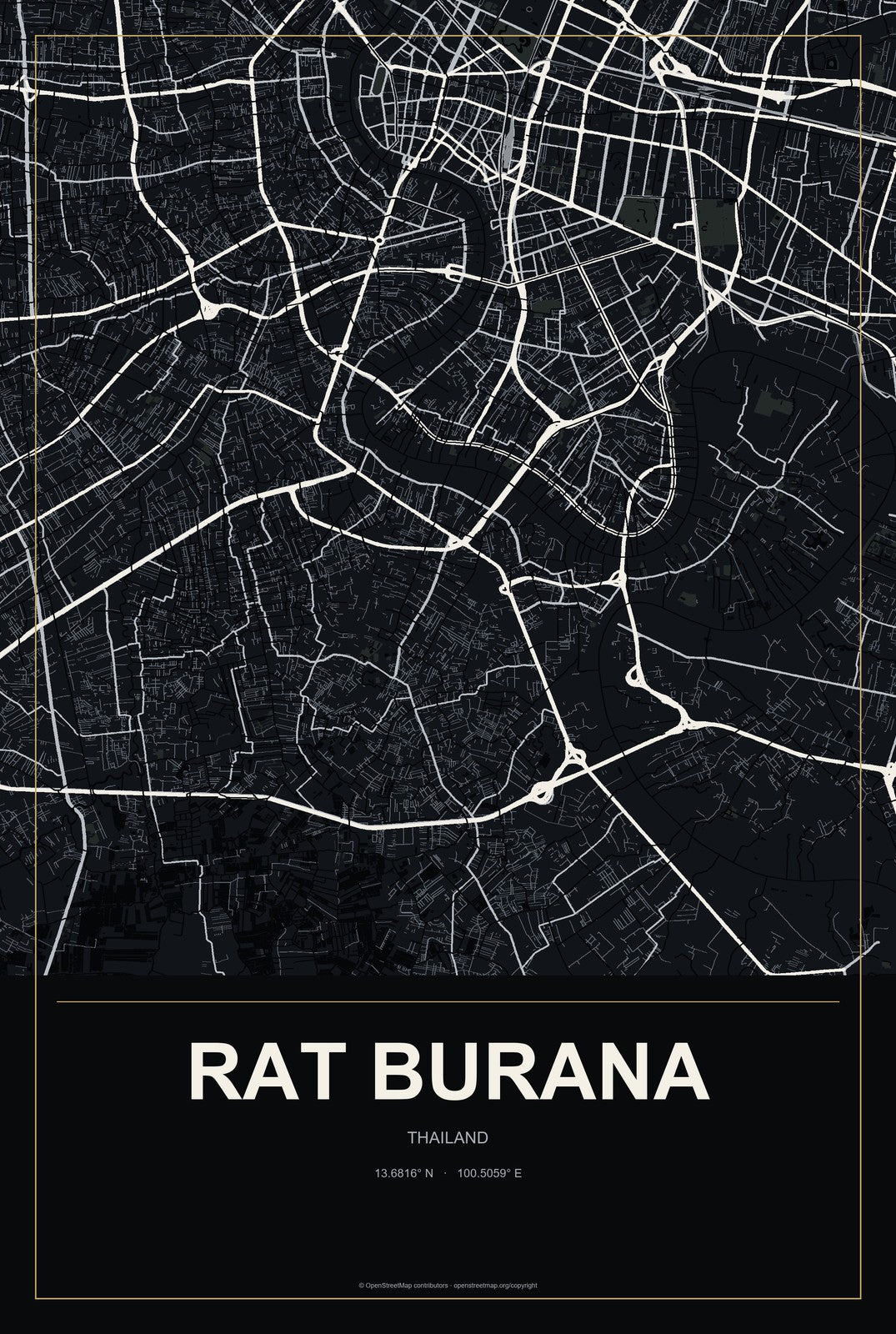 Rat Burana, Thailand City Map Aluminum Sign in Metropolitan Noir style