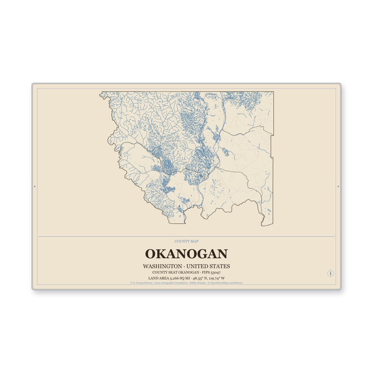 Okanogan County, Washington Map Aluminum Sign in Heritage Nautical style