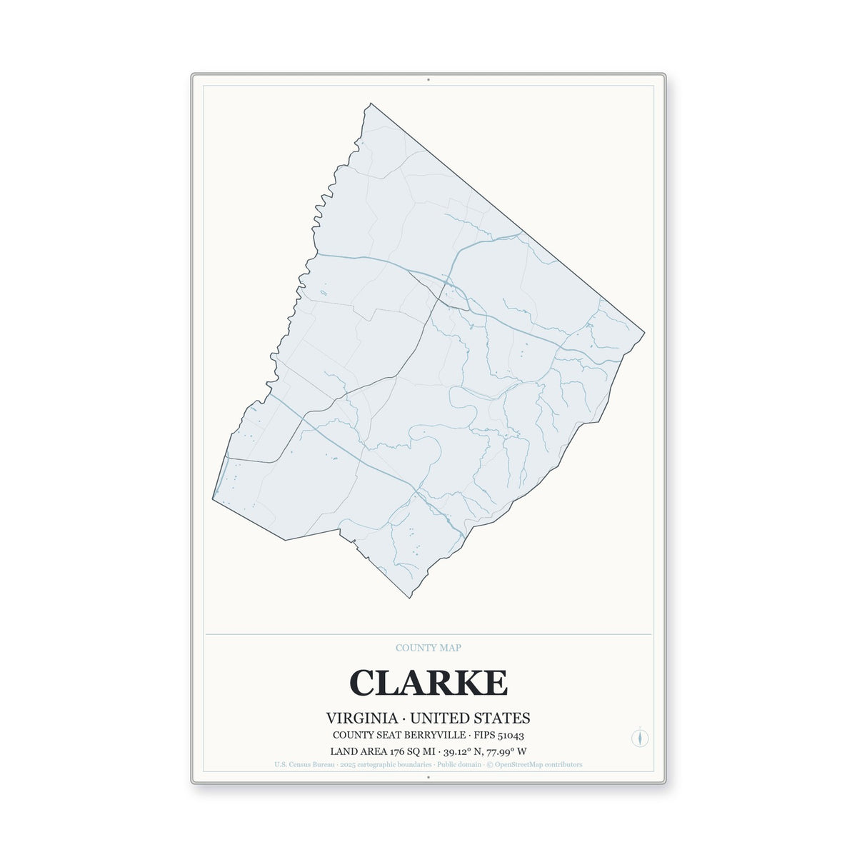 Clarke County, Virginia Map Aluminum Sign in Gallery Air style
