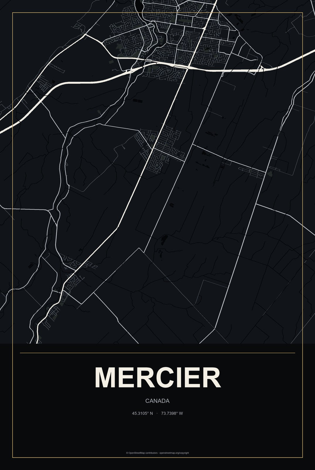 Mercier, Canada City Map Aluminum Sign in Metropolitan Noir style