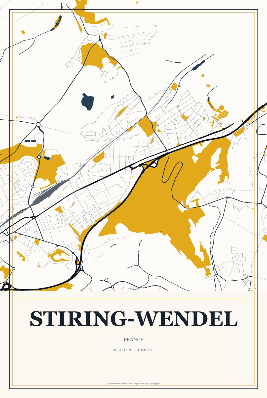 Stiring-Wendel, France City Map Aluminum Sign in Citrine Modern style