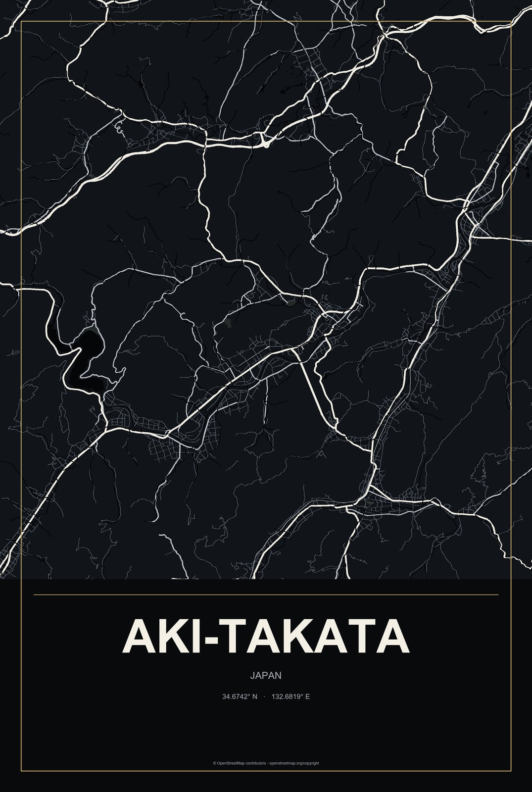 Aki-takata, Japan City Map Aluminum Sign in Metropolitan Noir style