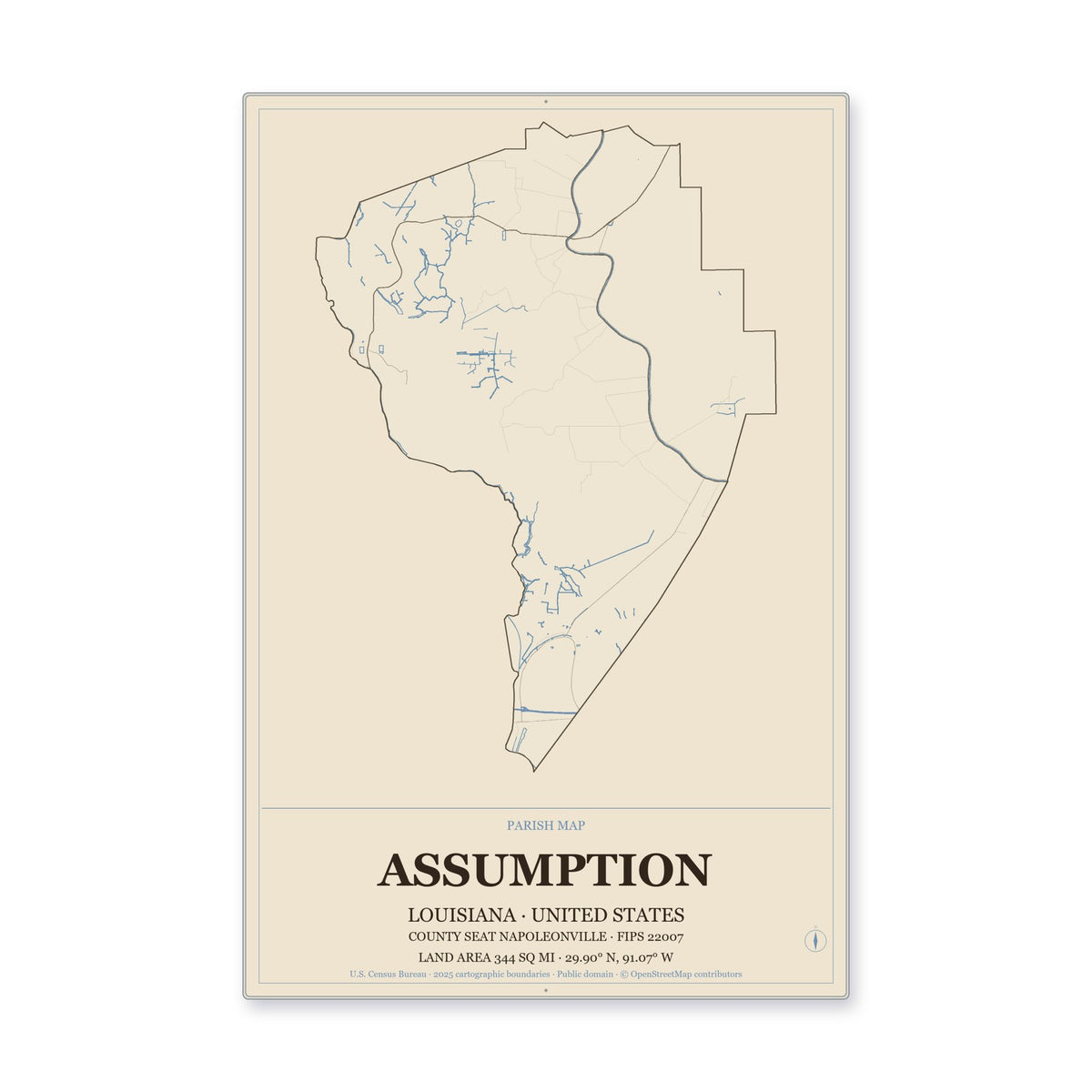 Assumption Parish, Louisiana Map Aluminum Sign in Heritage Nautical style