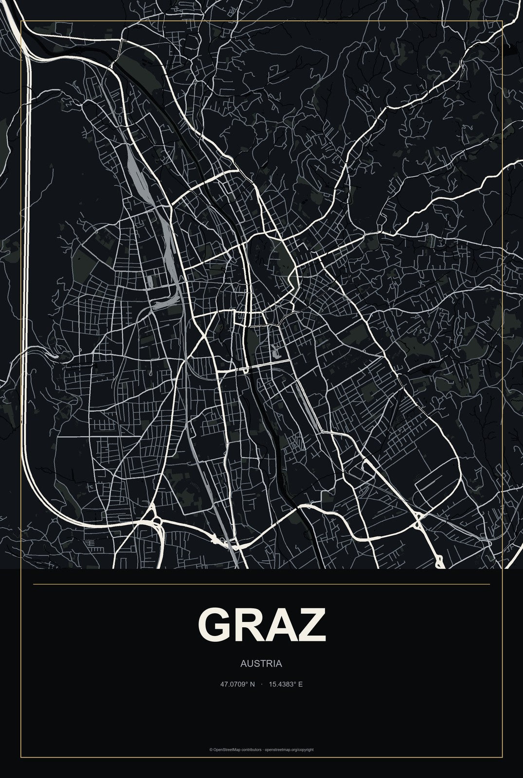 Graz, Austria City Map Aluminum Sign in Metropolitan Noir style