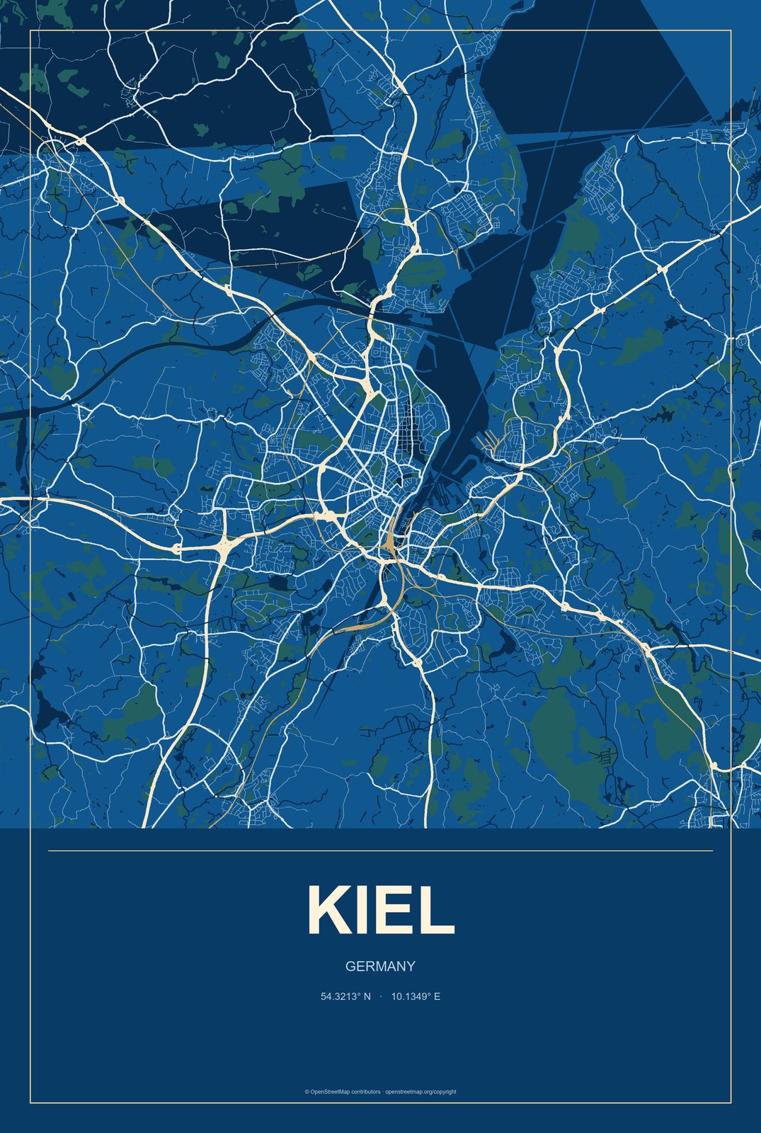 Kiel, Germany City Map Aluminum Sign in Harbor Cobalt style