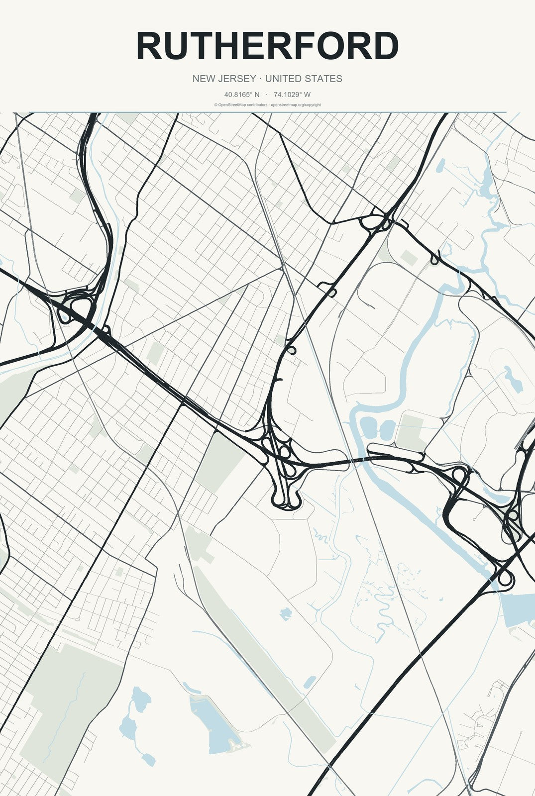 Rutherford, New Jersey City Map Aluminum Sign in Headline Atlas style