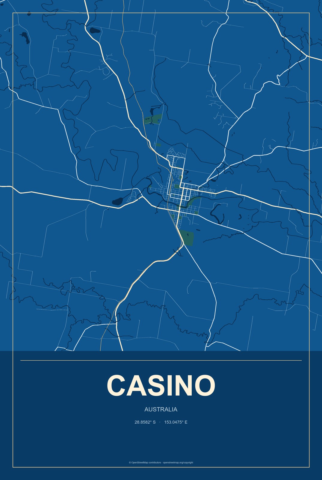 Casino, Australia City Map Aluminum Sign in Harbor Cobalt style