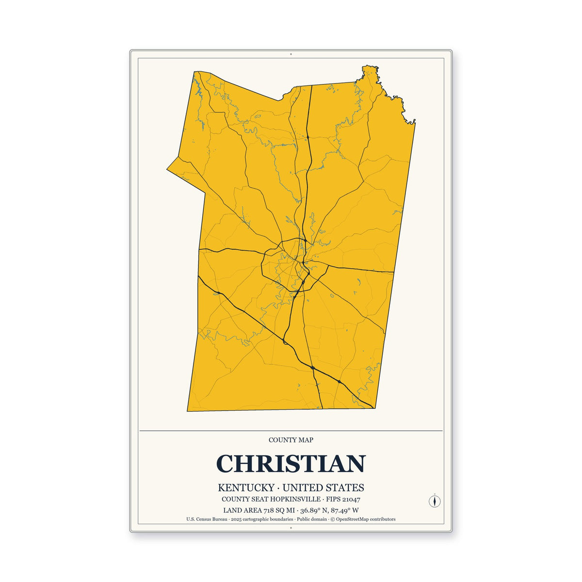 Christian County, Kentucky Map Aluminum Sign in Citrine Modern style